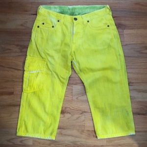 Cargo Jean shorts in neon yellow and hand painted in Size 32